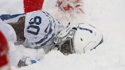 Chester Rogers crashes into snow bank in the back of the end zone