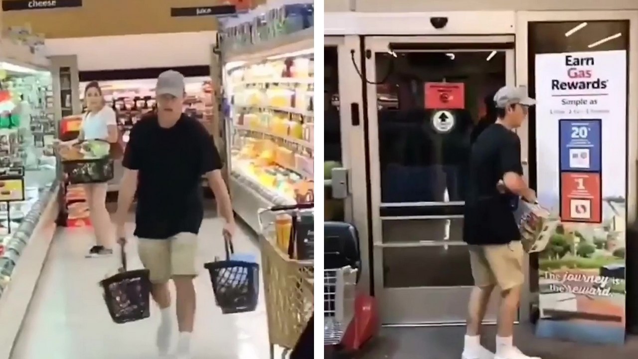 Un jeune complètement ivre pense qu'il va pouvoir sortir avec deux paniers plein d'alcool sans payer