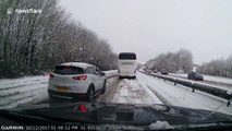Dash-cam captures cars driving wrong way down dual carriageway in snow