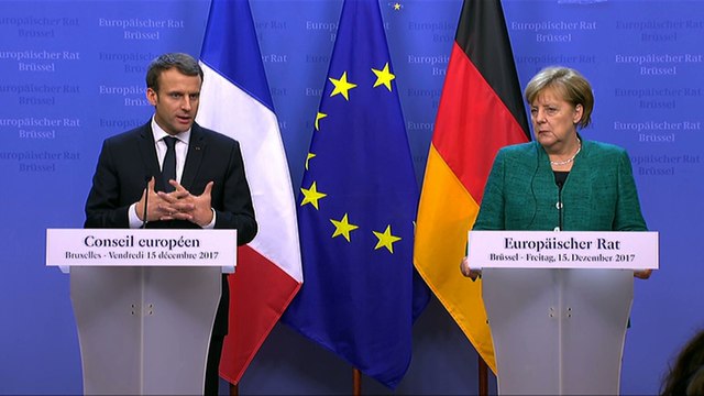 Conférence de presse conjointe d'Emmanuel Macron et d'Angela Merkel au Conseil européen de décembre 2017.