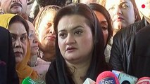 PML-N leader Maryam Aurangzeb addresses the media outside the Supreme Court