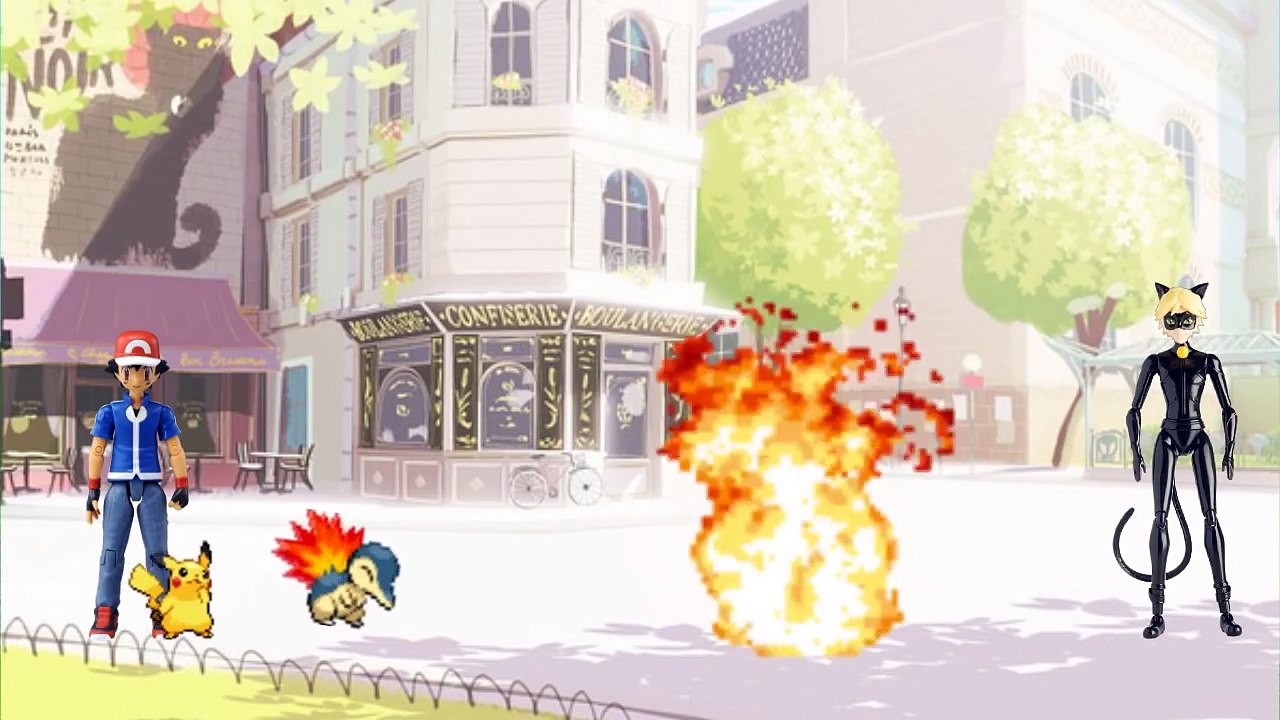 Ash pokemon vs Cat Noir Miraculous Ladybug batalha pokemon Pikachu Charizard vs Dragonite totoykids-iq9L4RiKoyo