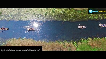 Boat trip in the wetland, Van Long Natural Reserve in Ninh Binh Vietnam. Drone