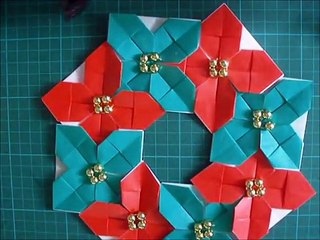 折り紙 クリスマスリース ポインセチア２の簡単な折り方（niceno1）Origami Christmas wreath Poinsettia tutorial-zfG0RR-C1CI