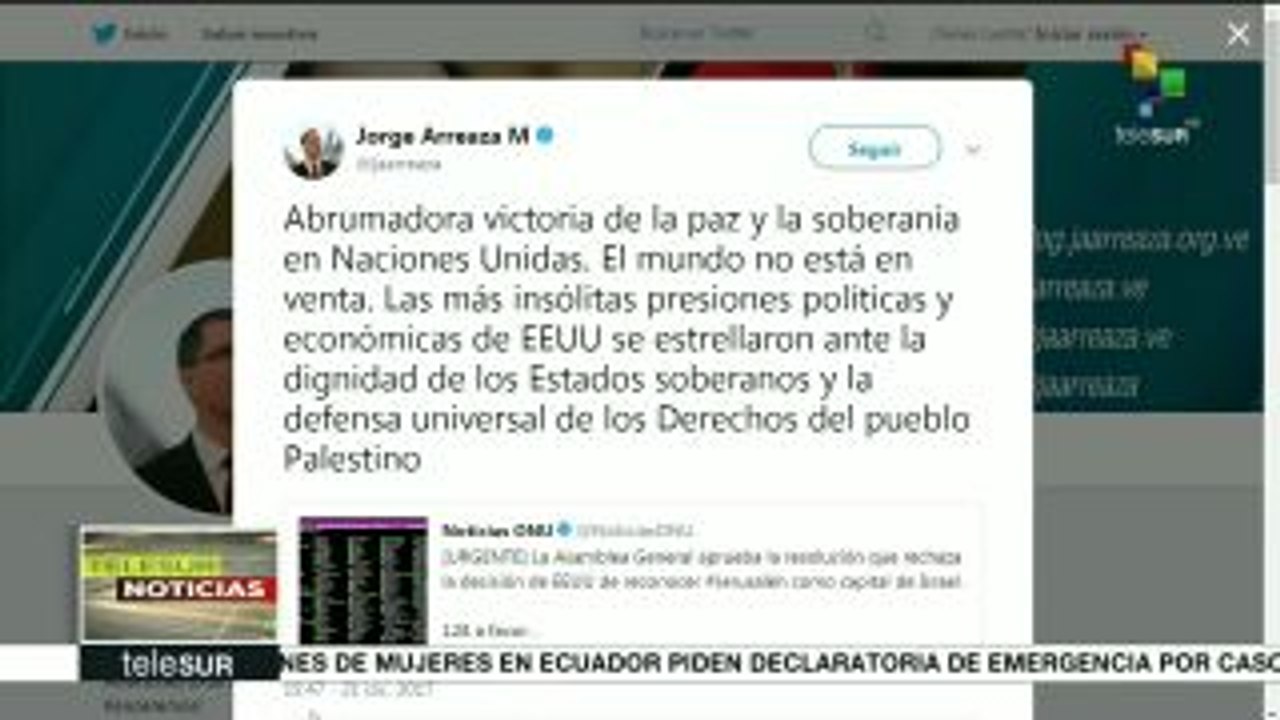 Arreaza: Abrumadora victoria de la paz y la soberanía en la ONU