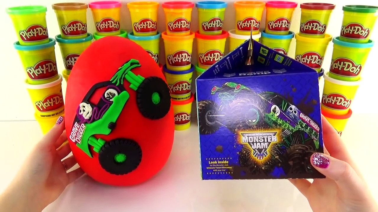 GRAVE DIGGER MONSTER JAM TRUCK GIANT PLAY DOH SURPRISE EGG MONSTER JAM MCDONALDS HAPPY MEAL TOYS