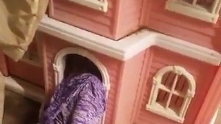 a cute girl getting inside doll house