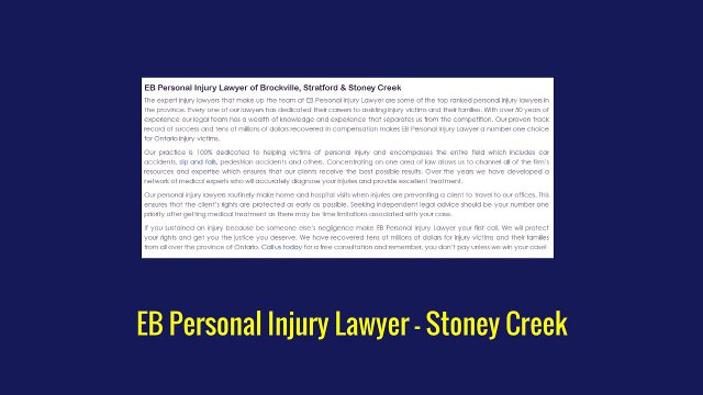 Personal Injury Lawyer Stoney Creek - EB Personal Injury Lawyer (800) 289-5079