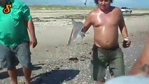 鮫の最後の抵抗。釣り上げたサメに肩を噛まれてしまう男性のムービー。