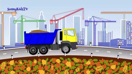 Vehicles for kids. Excavator. Dump and Crane Trucks. Wheel Loader. Cartoon for children.