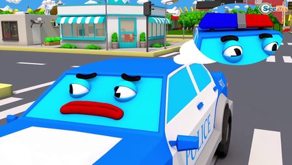 Blue Police Car helps Friends - Emergency Vehicles - New Cars & Trucks Cartoon
