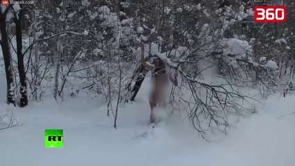 VIDEO/ Vajza sfidon te ftohtin duke pozuar nudo ne mes te debore (360video)