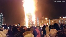 New Year celebrations in Russian city go horribly wrong as 80-foot Christmas tree erupts in fireball during festive