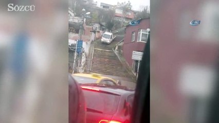 Kestirmeden inmek için aracını merdivenlere sürdü