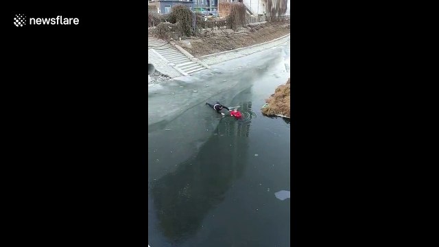 Amazing moment man rescues elderly woman trapped in icy river