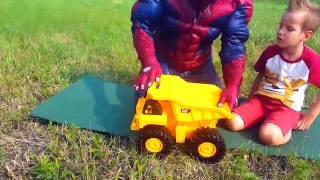 Spiderman and a huge quarry dump truck. Will a heavy weight crush the toy. Superhe
