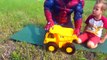Spiderman and a huge quarry dump truck. Will a heavy weight crush the toy.