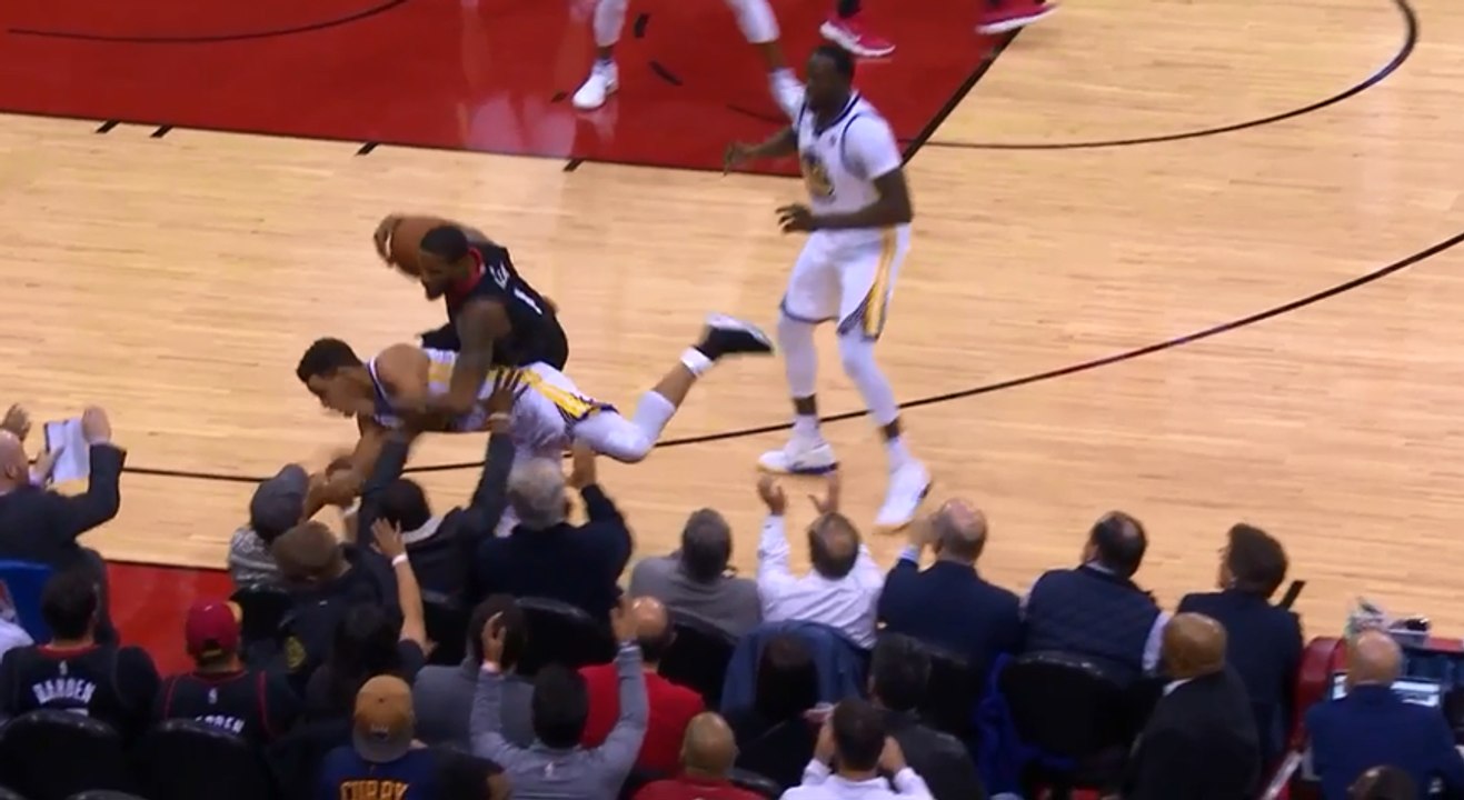 Stephen Curry & Trevor Ariza Collide And Plow into first row- Warriors vs Rockets - January 4, 2018