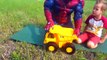 Spiderman and a huge quarry dump truck. Will a heavy weight crush the toy. Su