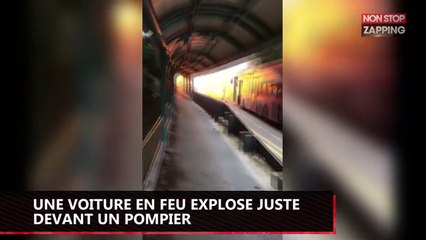 Une voiture en feu explose juste devant un pompier (vidéo)