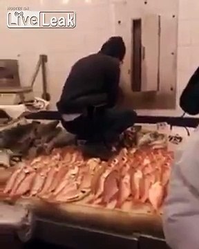 Debout en chaussure dans les poissons au marché !! Ce poissonnier est fou !!