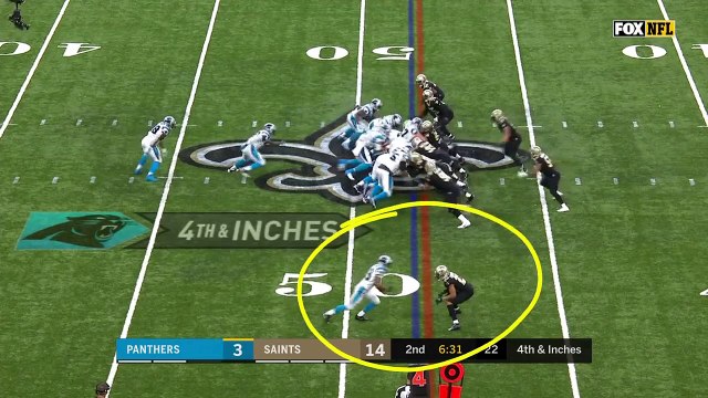 Carolina Panthers quarterback Cam Newton drives through New Orleans Saints defense to convert fourth-and-inches