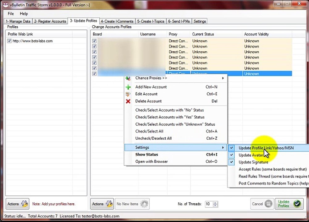 vBulletraffic Step 3: Configure registered accounts profiles, and update registered accounts