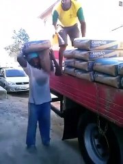 Ce gars costaud porte des sacs pour un poids de 250 kg