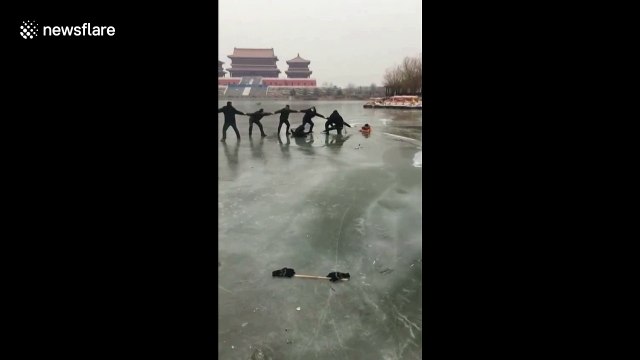 Human chain saves mum and two children trapped in icy river