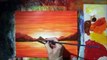 Acrylic Painting Volcano Island at Sunset and Tree Silhouette Painting