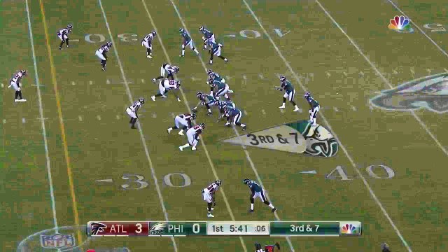 Atlanta Falcons collapse the pocket around Philadelphia Eagles quarterback Nick Foles for big third-down sack