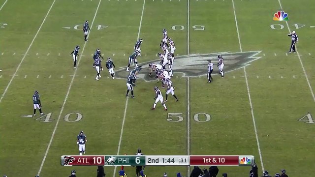 Philadelphia Eagles defensive end Fletcher Cox bears down on Atlanta Falcons quarterback Matt Ryan for sack