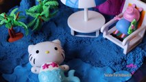 DIY Kinetic Sand Island and Beach Barbie Hello Kitty Peppa Pig | Blue Shimmering Kinetic Sand