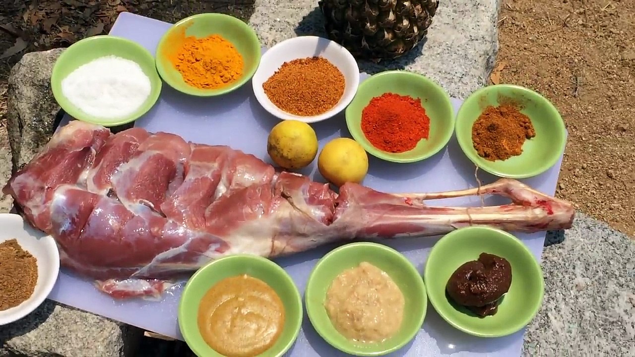 Pan Frying a Mutton Leg in My Village - Mutton Leg fry - Full Leg Fried - Cooking while Harvesting