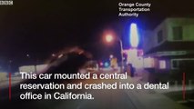 Dashcam captures a Car crashes into building in California - BBC News