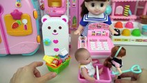 Baby doll mart register surprise eggs and food toys play