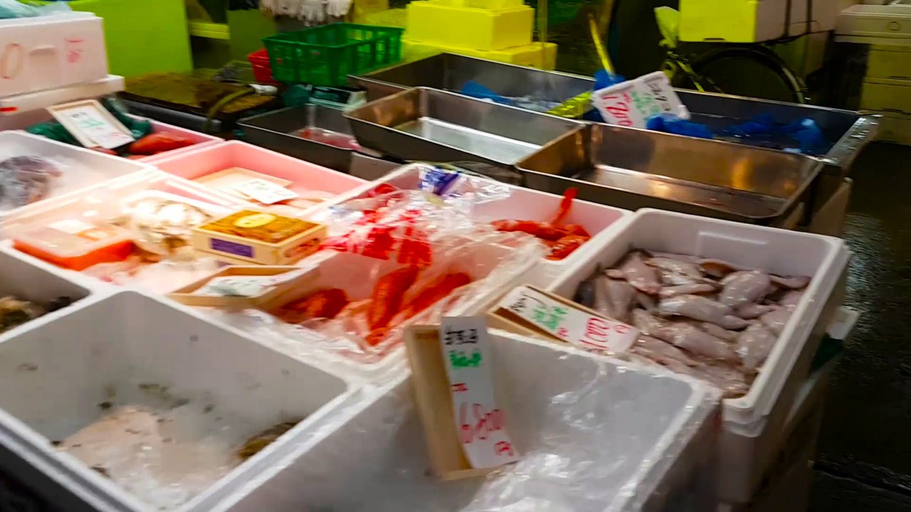 Vis eten bij Tsukiji werelds grootste Vismarkt "Sashimi en Hamachi Yaki"
