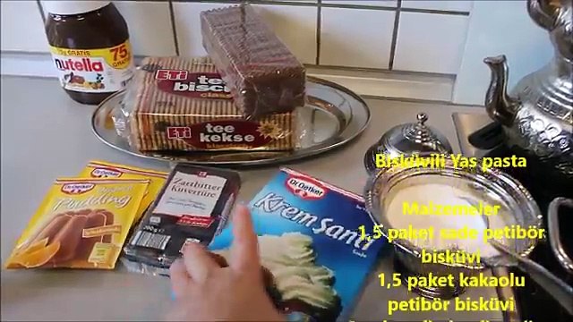 Bisküvili Kolay yas pasta nasil yapilir? Pudingli Cikolata soslu Meyveli Pasta tarifi