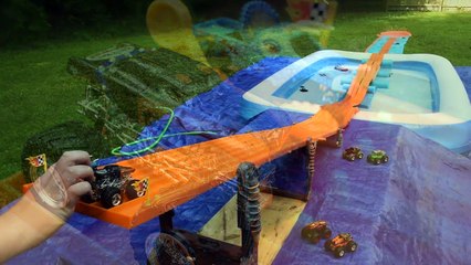 Hot Wheels Monster Jam Slip and Slide Drag Racing! Backyard Summer Fun!