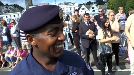 Dartmouth Regatta Waiters and Waitresses Race on the Boat Float Bridge Dartmouth U.K.