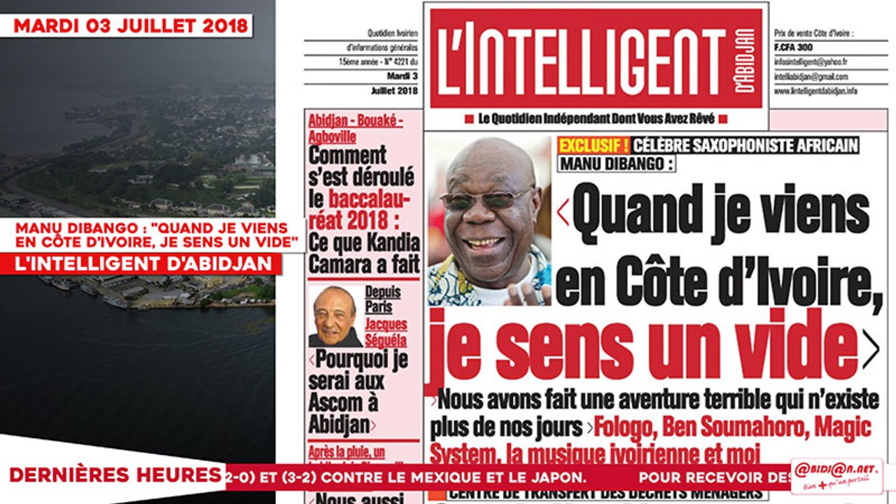 Le Titrologue du 03 Juillet 2018 : Manu Dibango, "Quand je viens en Côte d’Ivoire, je sens un vide"