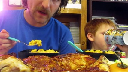 MUKBANG/ASMR Eating Flat Chicken & Mac n Cheese (Father & Son)