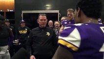 Minnesota Vikings head coach Mike Zimmer gives Stefon Diggs a game ball after beating the Saints