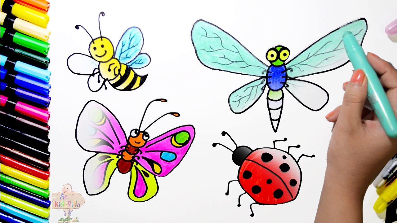 Draw and Color Honey Bee, Butterfly, Dragonfly, Lady Bug Coloring Page and Learn Colors for Kids