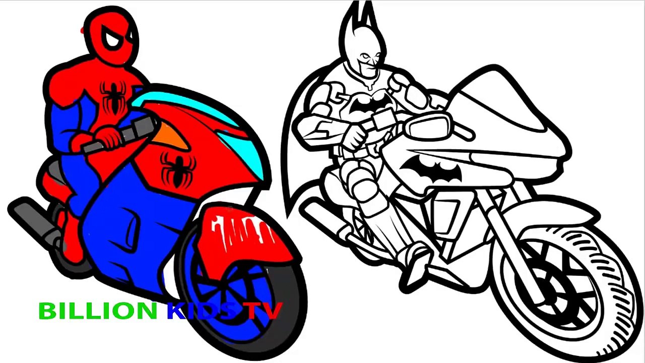 Color Fun Bikes Jumping with Spiderman and Batman Coloring Pages For Kids Coloring Book