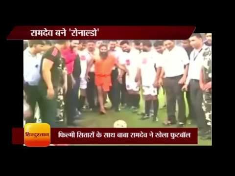 Baba Ramdev playing football like Ronaldo