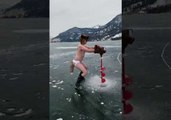 Man Demonstrates Ice Hole Drilling in His Own Unique Way