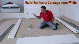 Ikea MALM Bed frame assembly with 4 storage boxes White/luröy