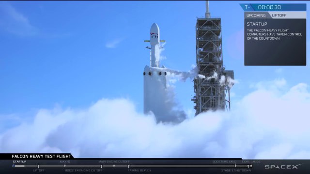 Lancement de la fusée SpaceX Falcon Heavy avec sa Tesla et Starman à l'interieur
