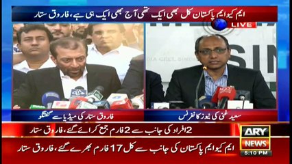 Download Video: MQM Pakistan Chief Farooq Sattar addresses media in Karachi